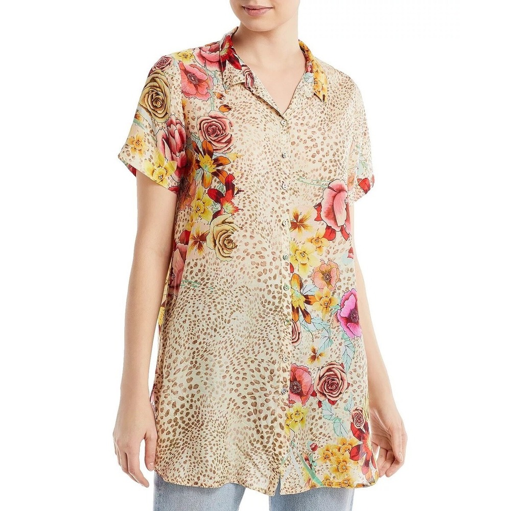 Johnny Was 100% Silk Floral Leopard Print Hera Calia Blouse Small Maximalist
